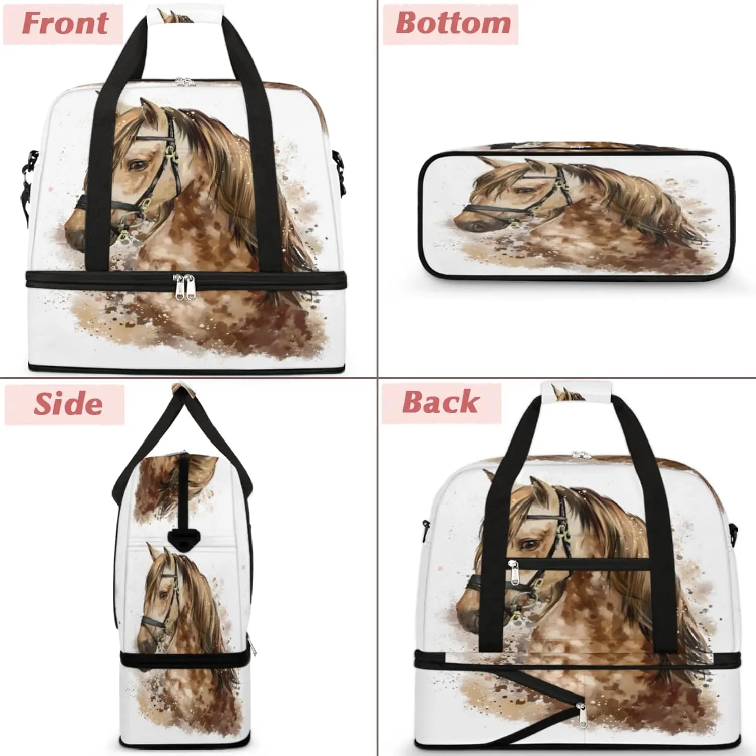 Horse Head Foldable Travel Duffel Bag, Expandable Sports Gym Bag with Shoes Compartment Weekender Overnight Totes Bags for Women Men