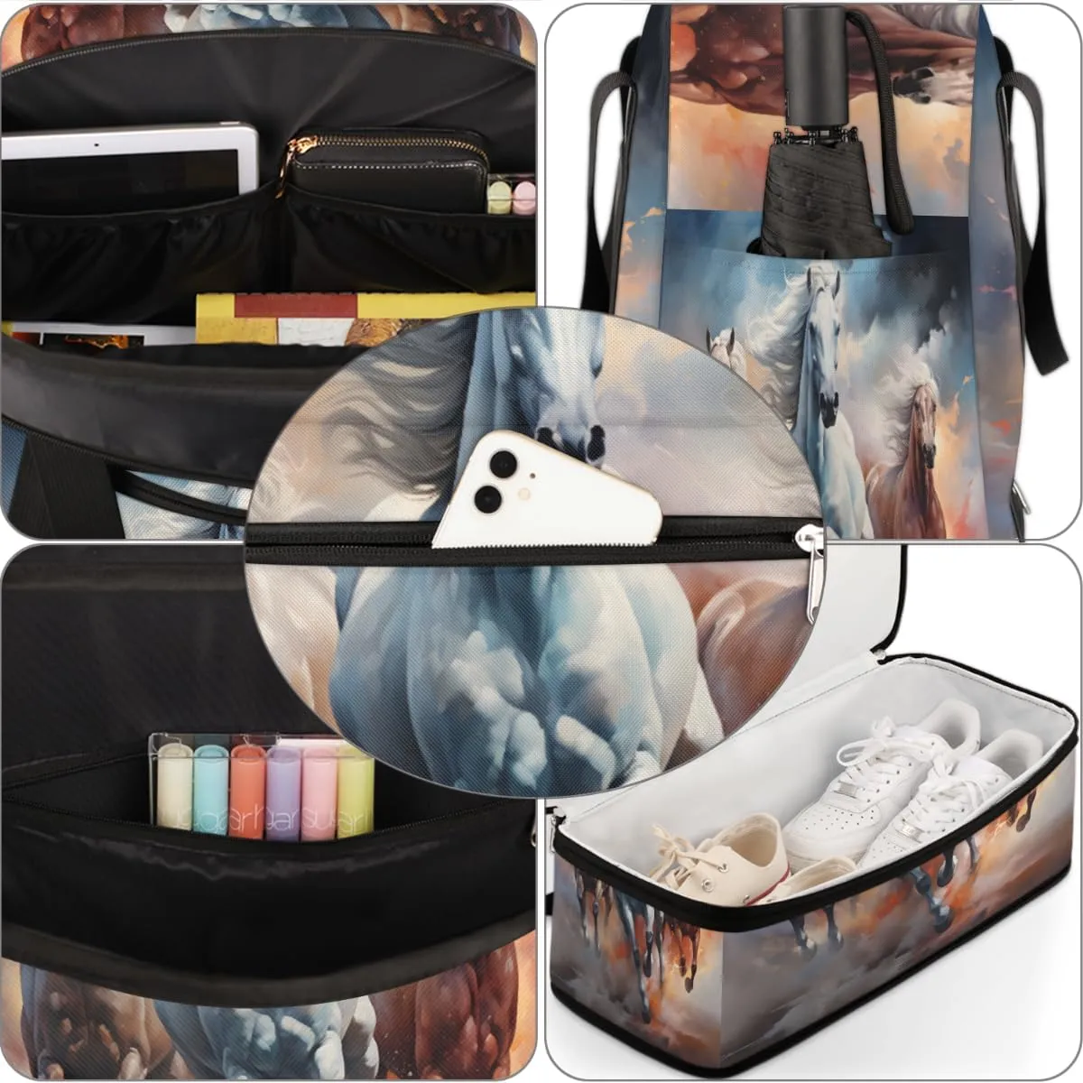 Horse Print Foldable Travel Duffel Bag Overnight Weekender Bag with Shoes Compartment Sports Gym Bag for Men Women
