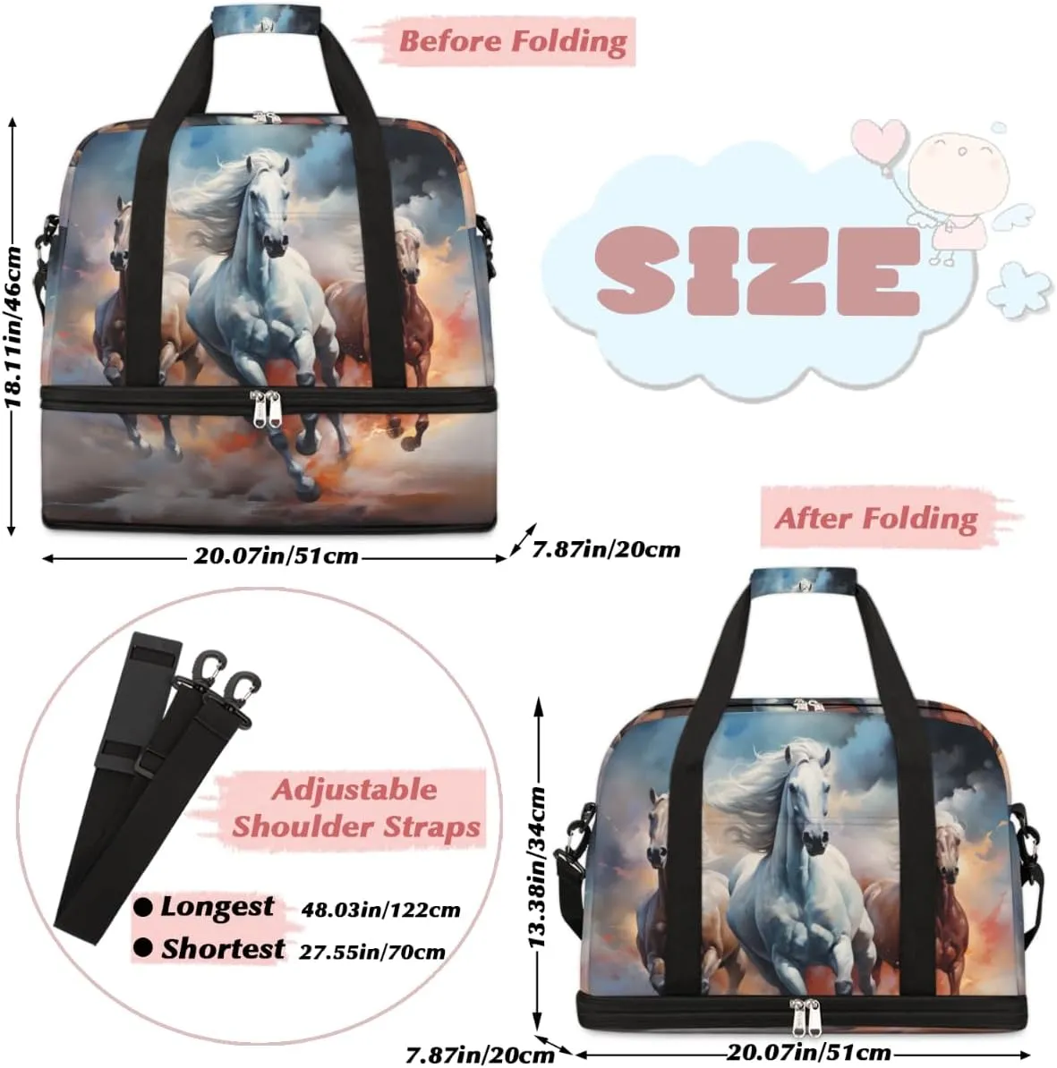Horse Print Foldable Travel Duffel Bag Overnight Weekender Bag with Shoes Compartment Sports Gym Bag for Men Women