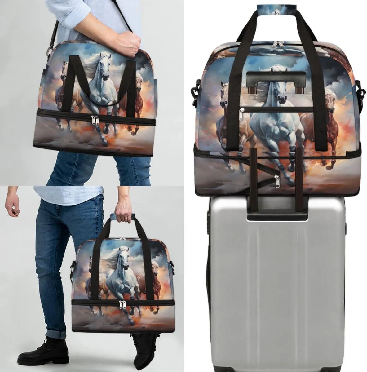 Horse Print Foldable Travel Duffel Bag Overnight Weekender Bag with Shoes Compartment Sports Gym Bag for Men Women