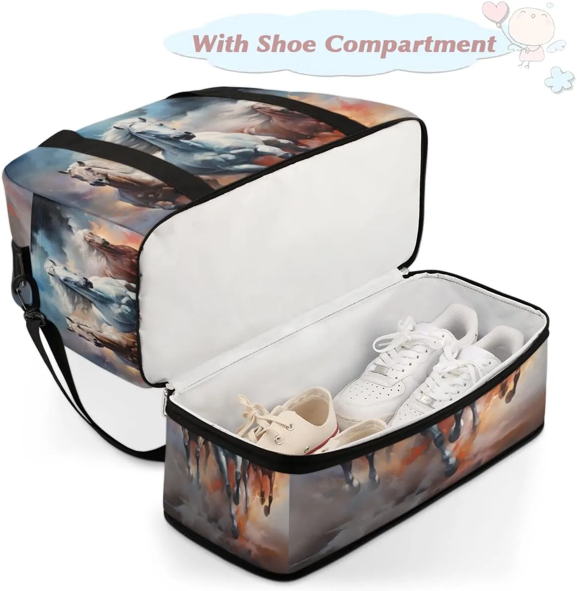 Horse Print Foldable Travel Duffel Bag Overnight Weekender Bag with Shoes Compartment Sports Gym Bag for Men Women