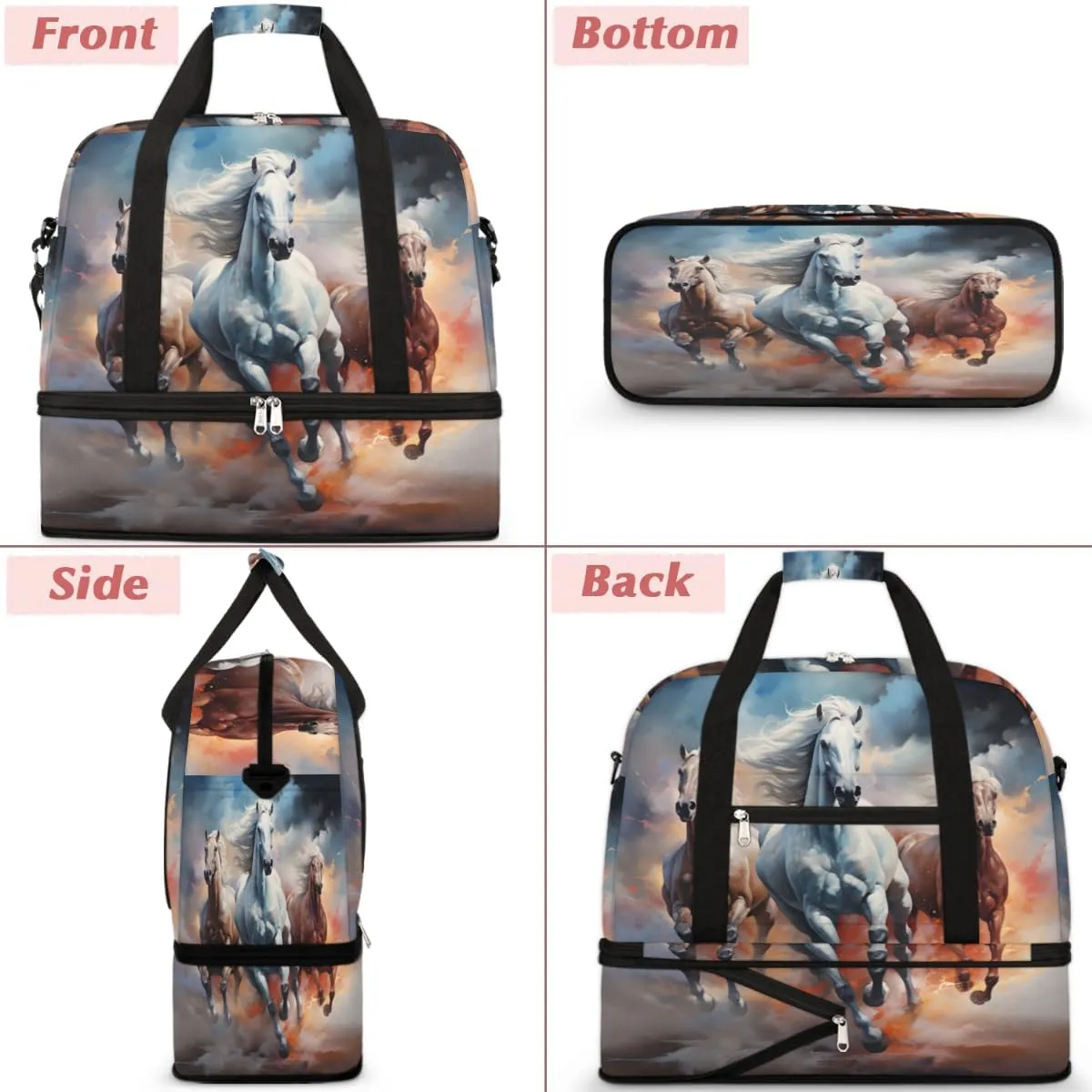 Horse Print Foldable Travel Duffel Bag Overnight Weekender Bag with Shoes Compartment Sports Gym Bag for Men Women