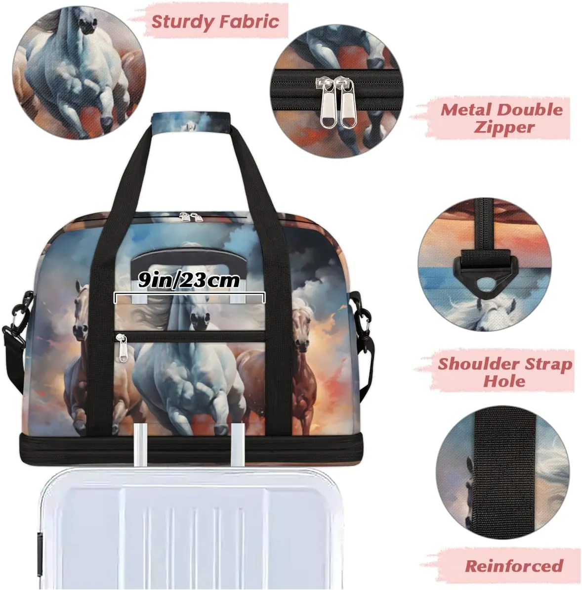 Horse Print Foldable Travel Duffel Bag Overnight Weekender Bag with Shoes Compartment Sports Gym Bag for Men Women
