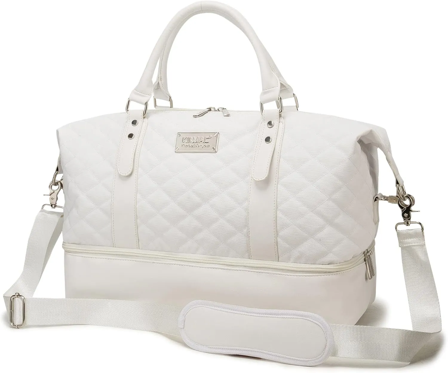 Kinmac Women's Travel Duffel Bag,Sports Gym Yoga Duffel Bag Weekender Overnight Totes Bag (White Embroider)