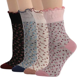 KitNSox Funcat Women's Lace Ruffle Frilly Colorful Floral Cotton Casual Novelty Ankle Socks 4/5/6 Pairs