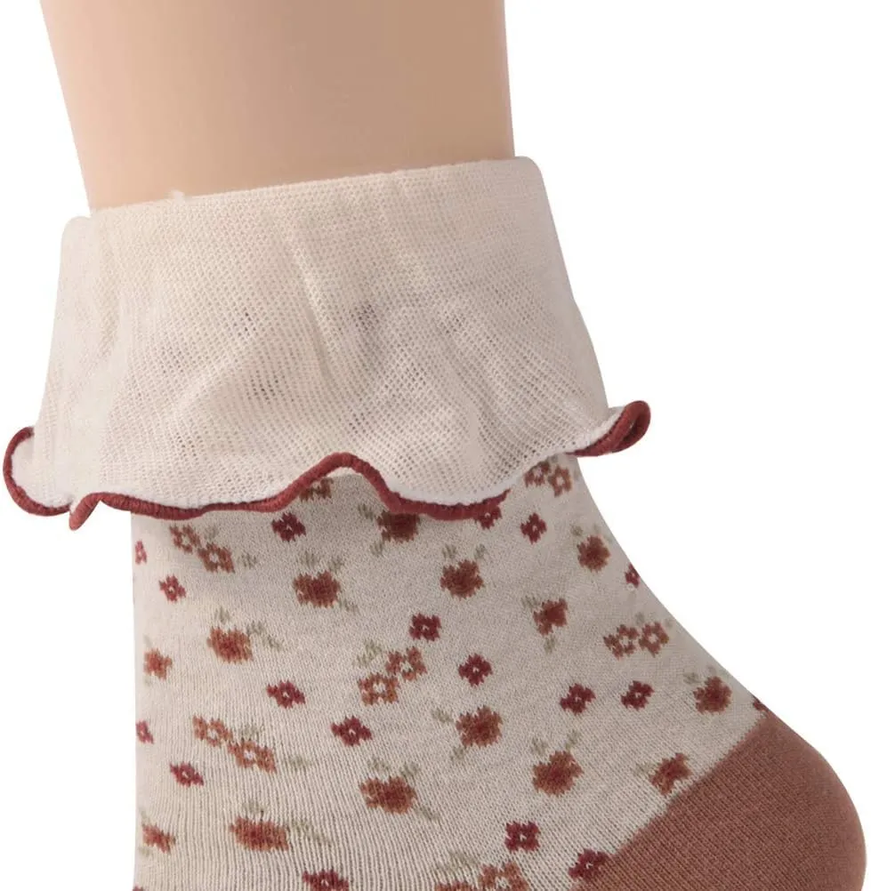 KitNSox Funcat Women's Lace Ruffle Frilly Colorful Floral Cotton Casual Novelty Ankle Socks 4/5/6 Pairs