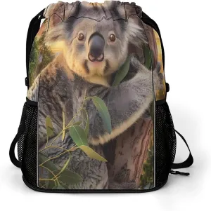 Koala Sitting In Tree Under Sunset Drawstring Backpack String Bag Sports Gym Sackpack with Side Pocket Shoes Compartment