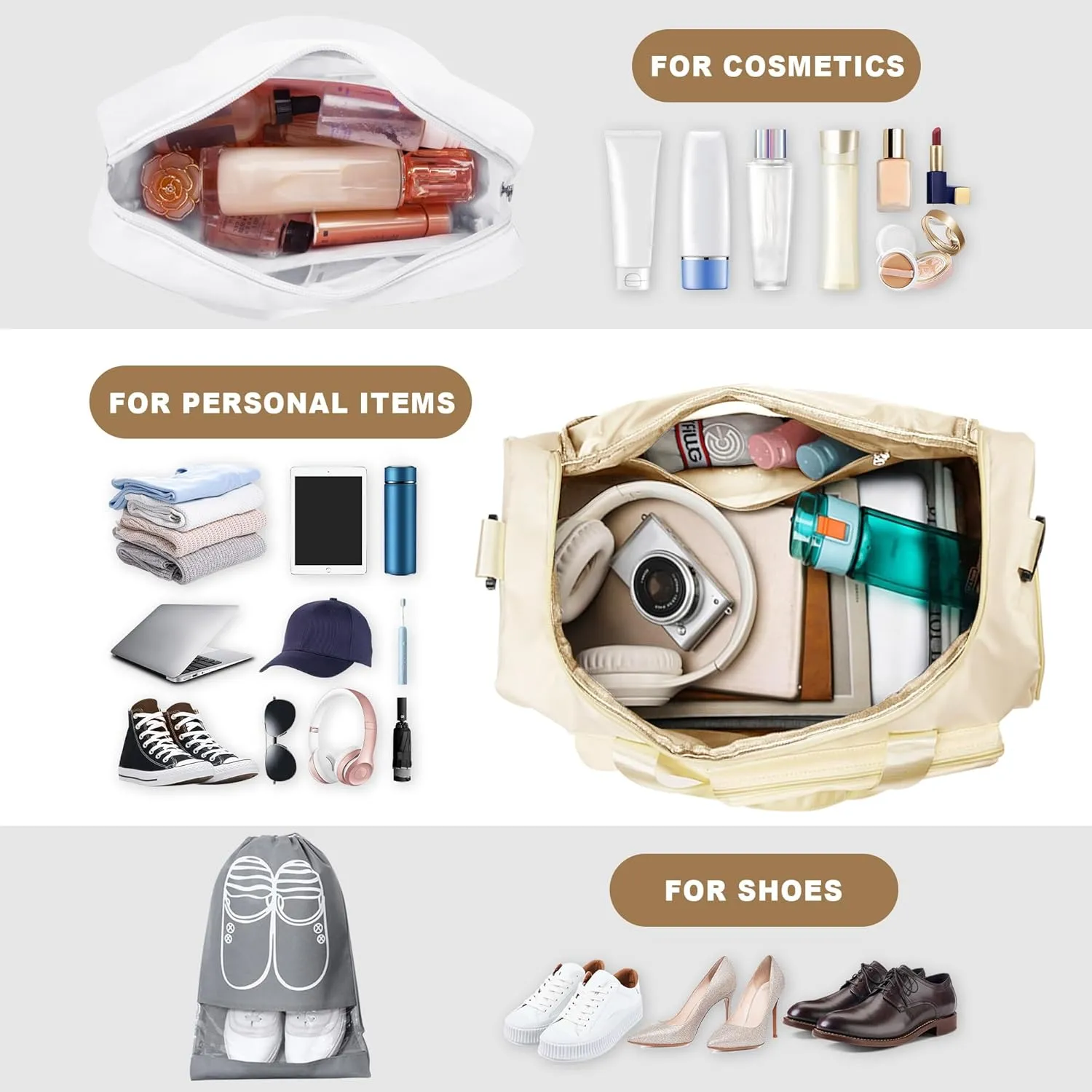 Large Weekender Overnight Bag with Shoes Compartment, Personal Tote for Women or Men, Waterproof Carry-on Set (Beige)