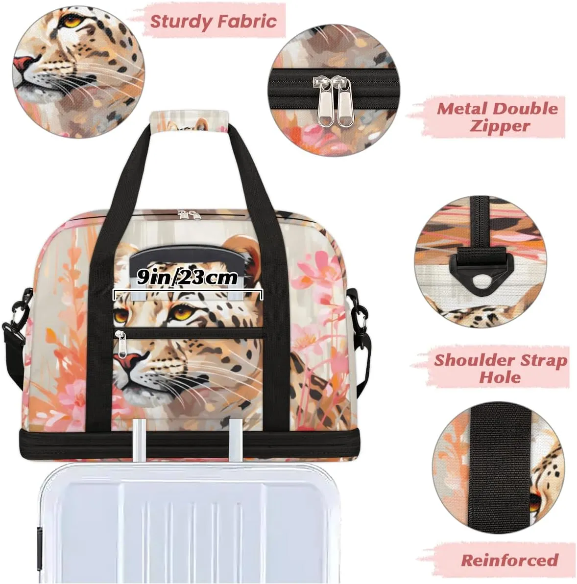 Leopard Brown Foldable Travel Duffel Bag Overnight Weekender Bag with Shoes Compartment Sports Gym Bag for Men Women