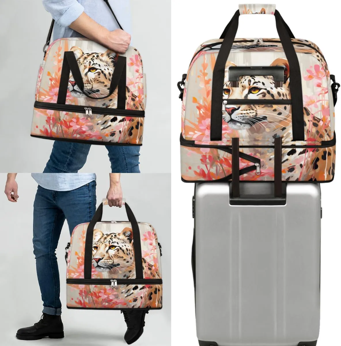 Leopard Brown Foldable Travel Duffel Bag Overnight Weekender Bag with Shoes Compartment Sports Gym Bag for Men Women