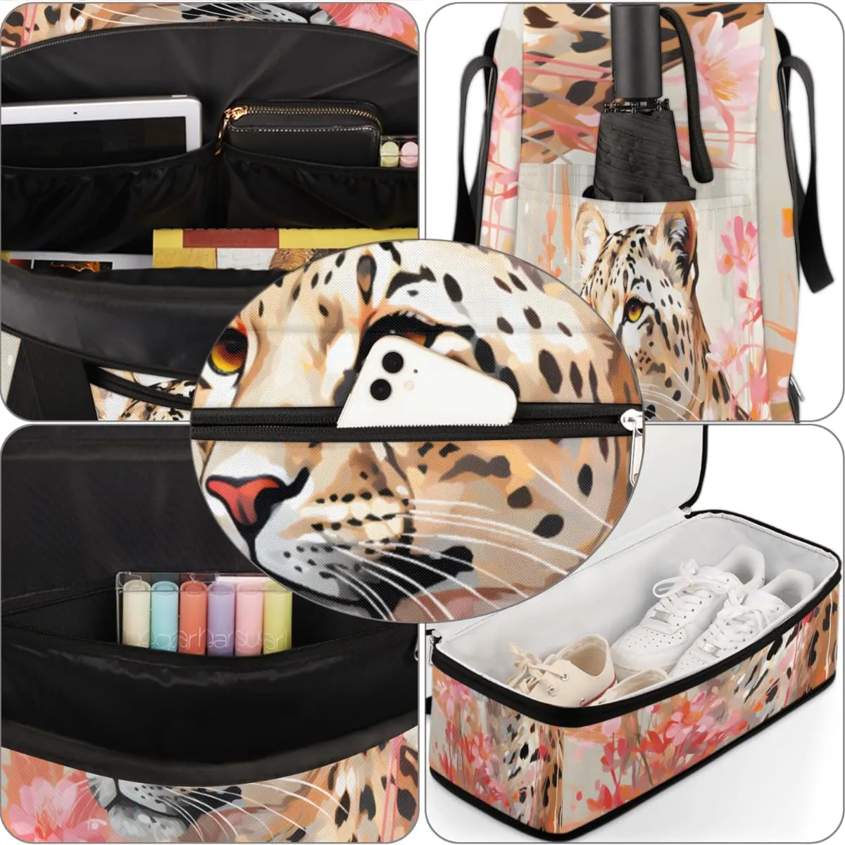 Leopard Brown Foldable Travel Duffel Bag Overnight Weekender Bag with Shoes Compartment Sports Gym Bag for Men Women