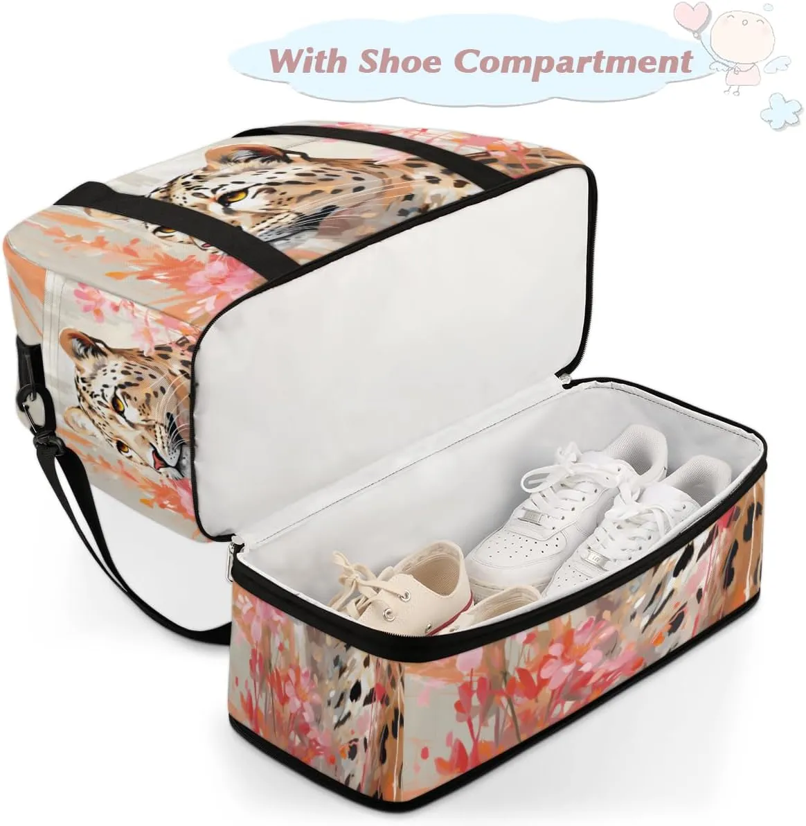 Leopard Brown Foldable Travel Duffel Bag Overnight Weekender Bag with Shoes Compartment Sports Gym Bag for Men Women