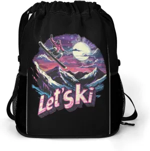 Let's Ski Vintage 80s 90s Skiing Drawstring Backpack String Bag Sports Gym Sackpack with Side Pocket Shoes Compartment