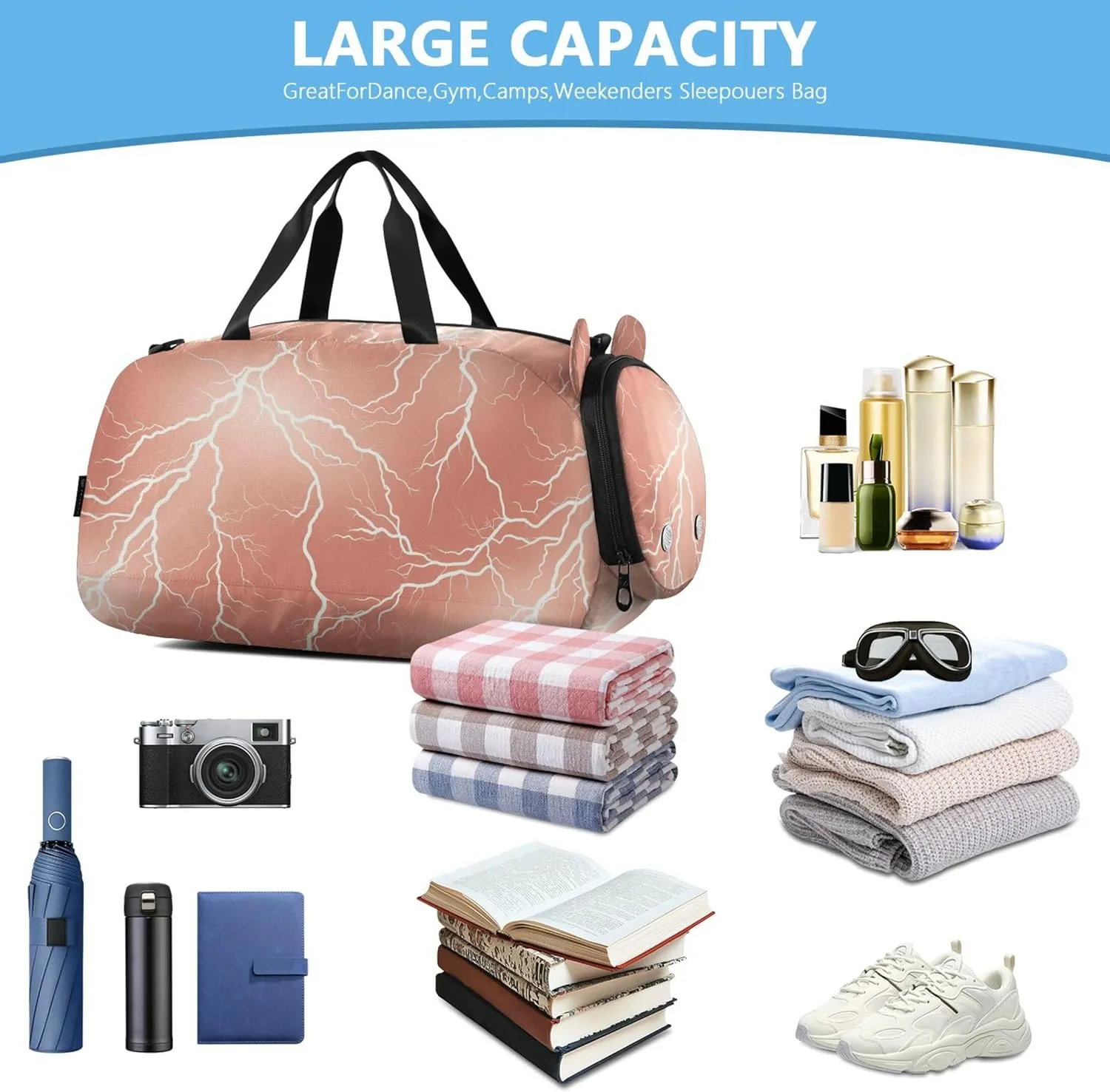 Lightning Rose Gold Duffel Gym Bags with Shoes Compartment Large Capacity Carry on Luggage for Travel, Sports, Fitness & Workout