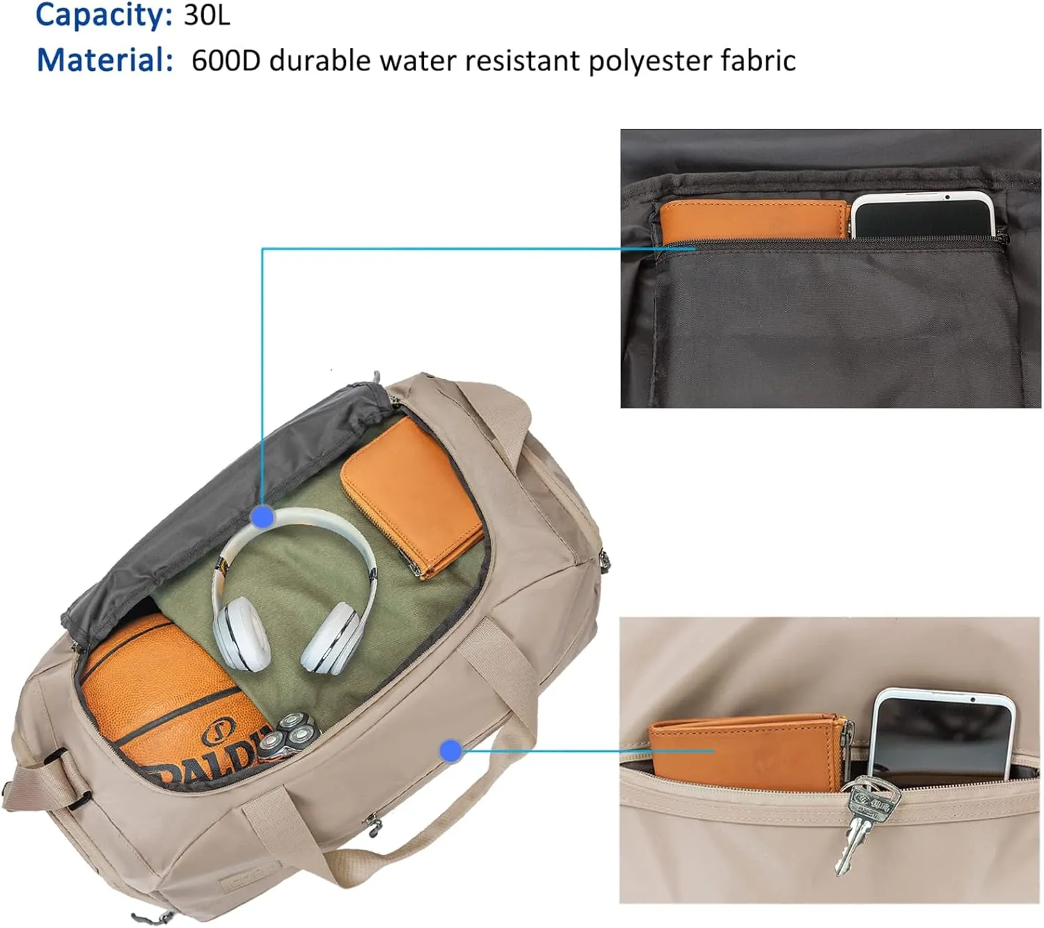 MarsBro Water Resistant Sports Gym Travel Weekender Duffel Bag with Shoe Compartment, Beige Grey, Modern