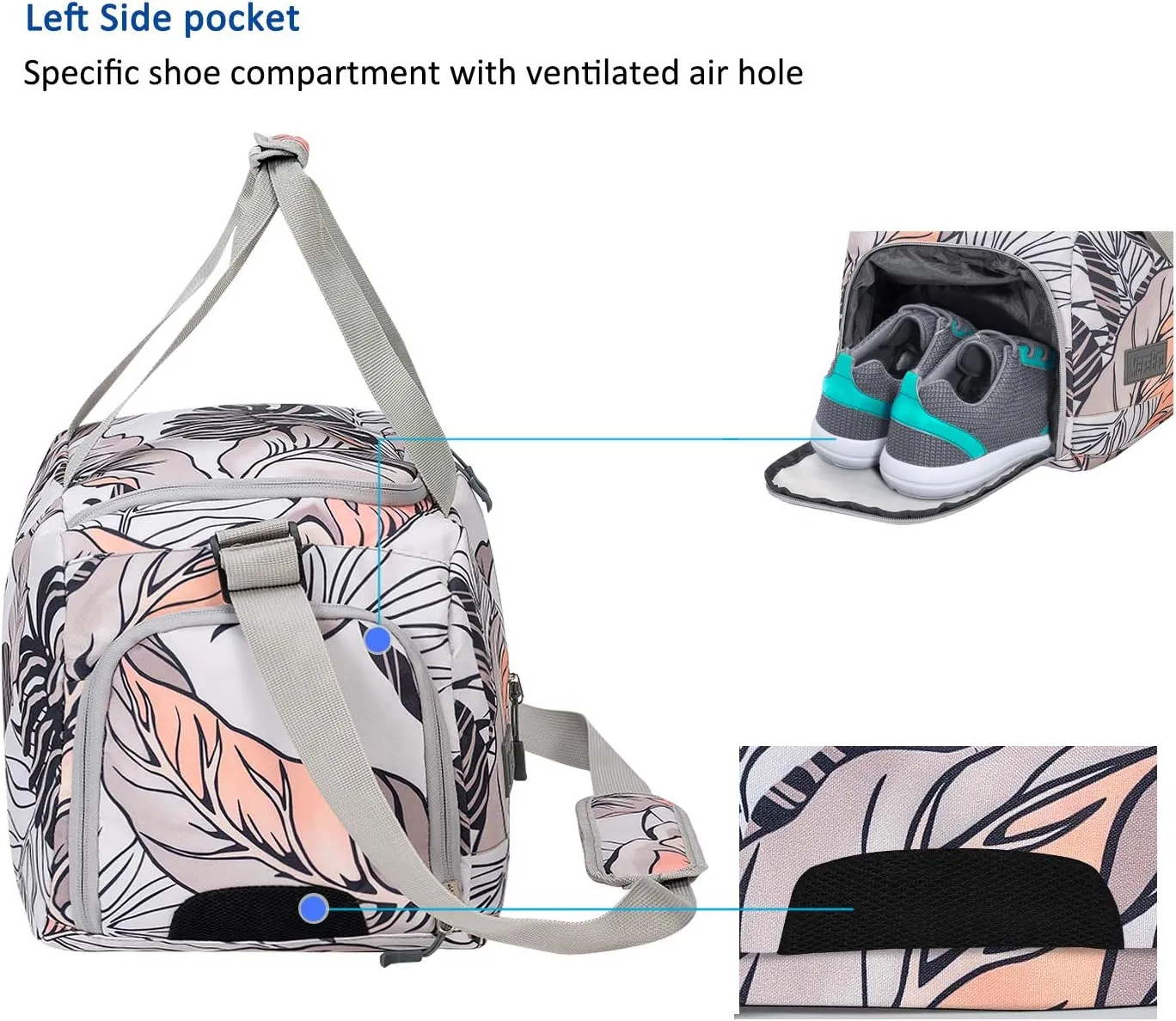 MarsBro Water Resistant Sports Gym Travel Weekender Duffel Bag with Shoe Compartment (floral white)