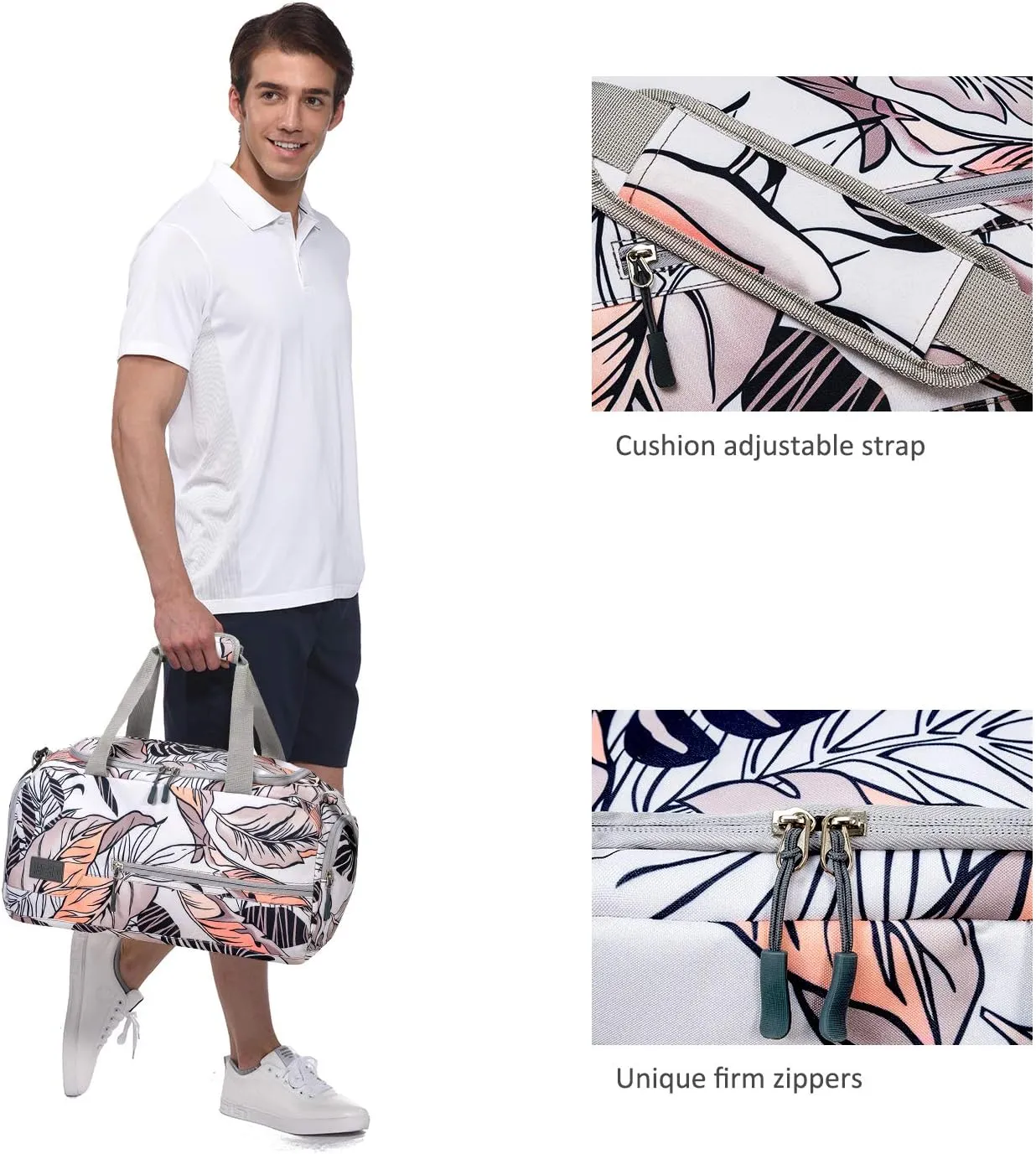 MarsBro Water Resistant Sports Gym Travel Weekender Duffel Bag with Shoe Compartment (floral white)