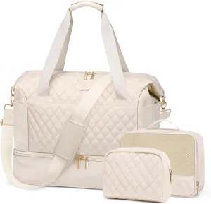 MDODO Travel Duffel Bag Weekender Bags for Women Overnight Carry on Duffle Bag, Beige, 43 L, With Shoes Compartment