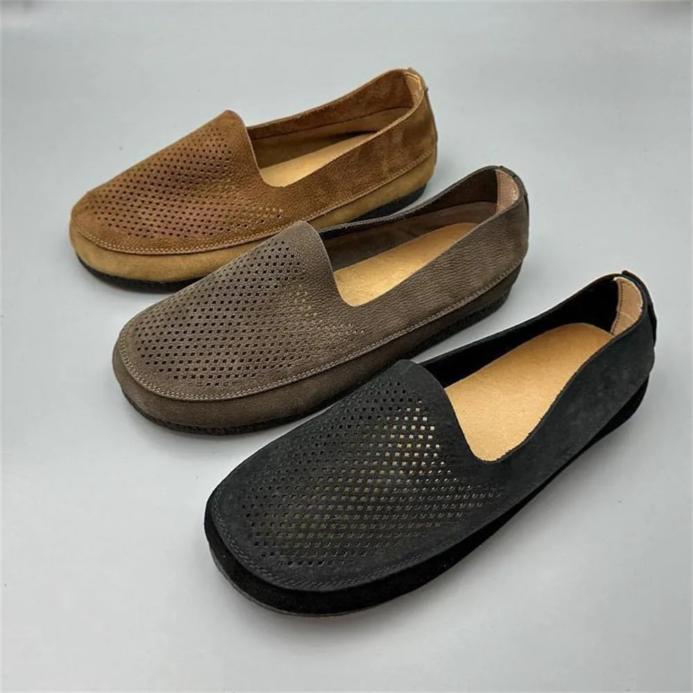 Mens Soft Walking Shoes Genuine Leather Retro Handmade Slip on Loafers Comfortable Driving Shoes