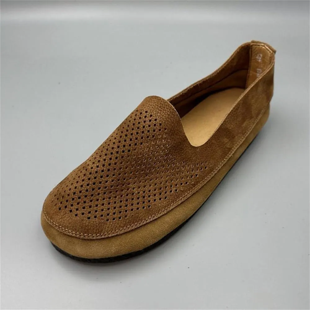 Mens Soft Walking Shoes Genuine Leather Retro Handmade Slip on Loafers Comfortable Driving Shoes