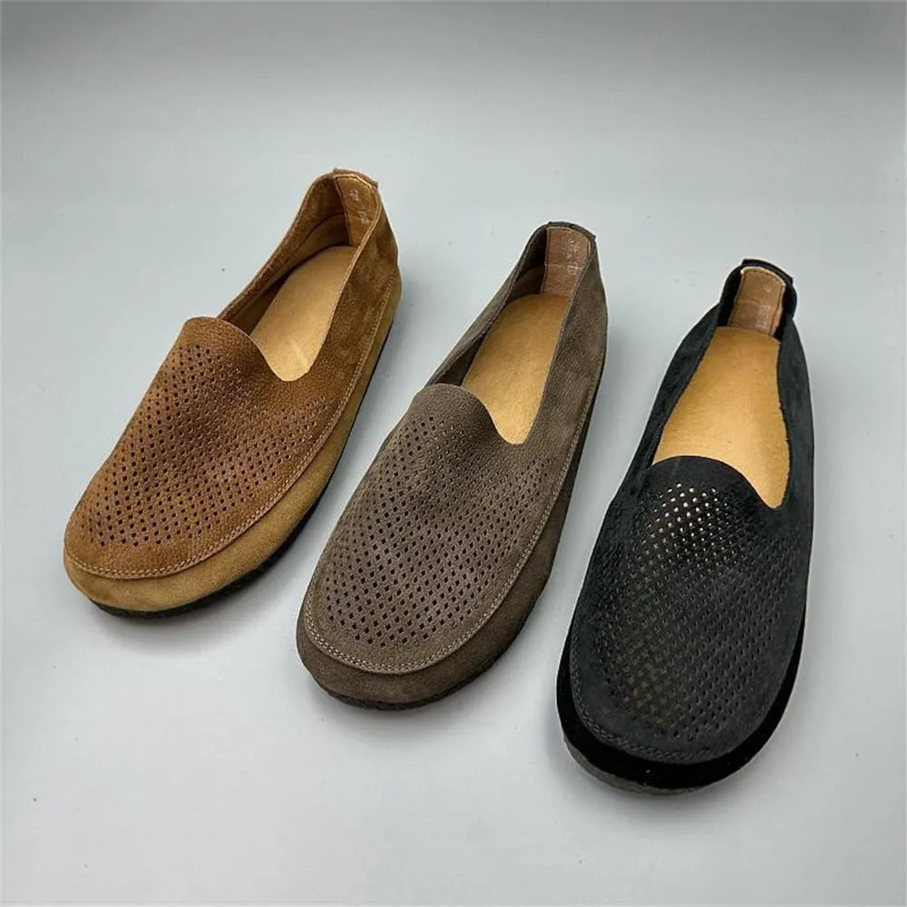 Mens Soft Walking Shoes Genuine Leather Retro Handmade Slip on Loafers Comfortable Driving Shoes