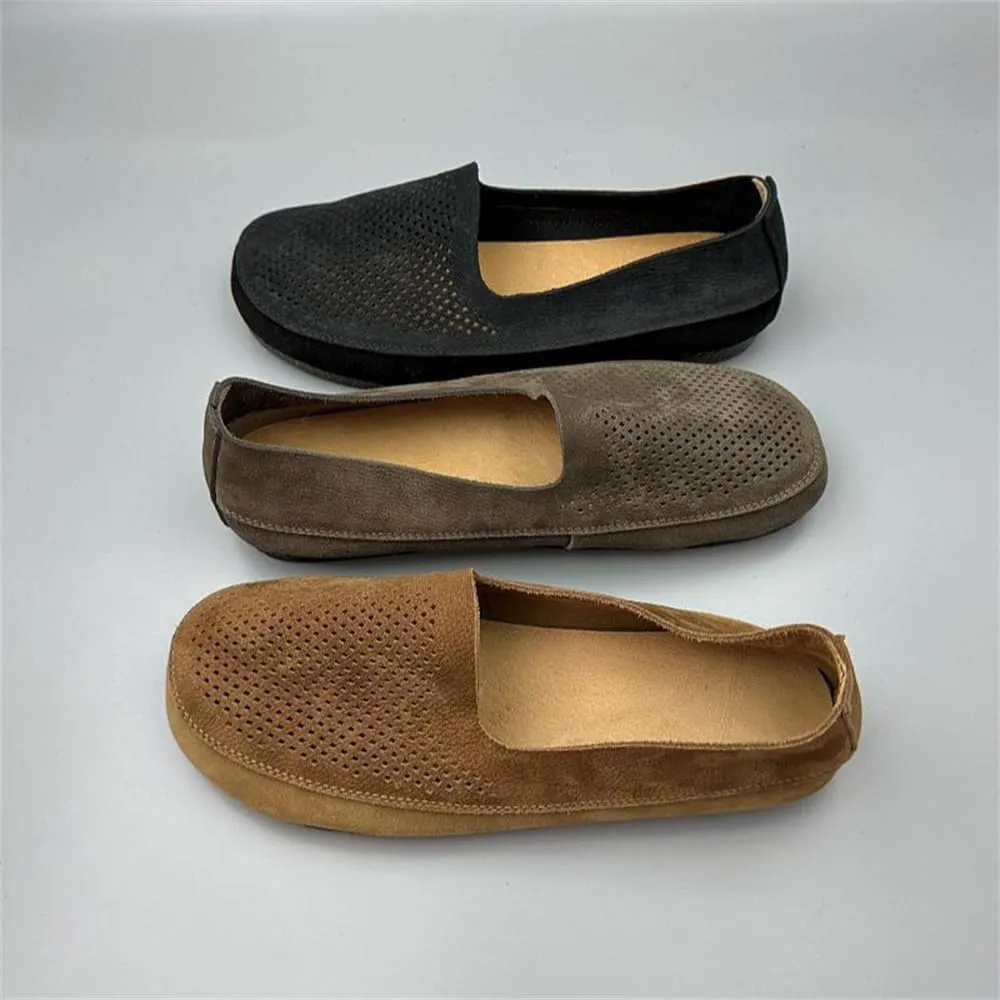Mens Soft Walking Shoes Genuine Leather Retro Handmade Slip on Loafers Comfortable Driving Shoes