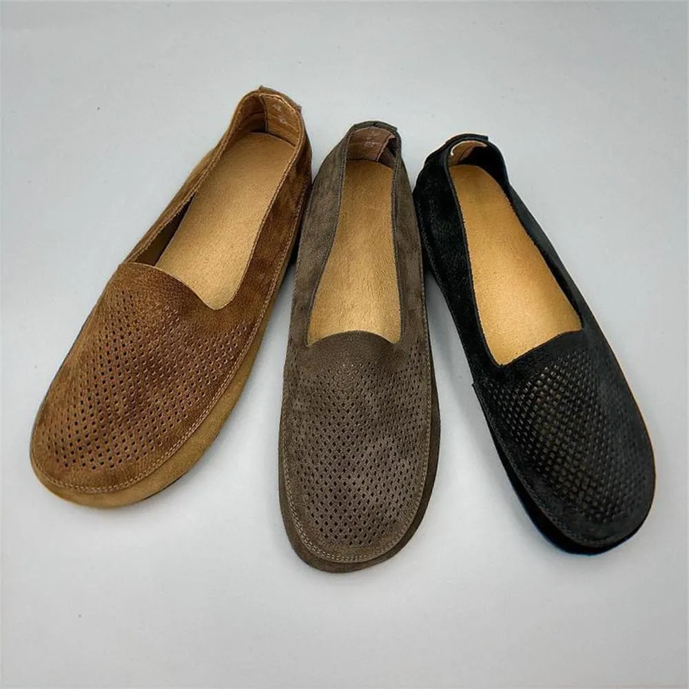 Mens Soft Walking Shoes Genuine Leather Retro Handmade Slip on Loafers Comfortable Driving Shoes