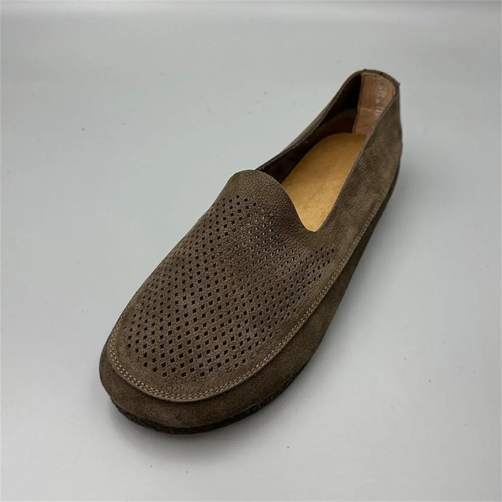 Mens Soft Walking Shoes Genuine Leather Retro Handmade Slip on Loafers Comfortable Driving Shoes