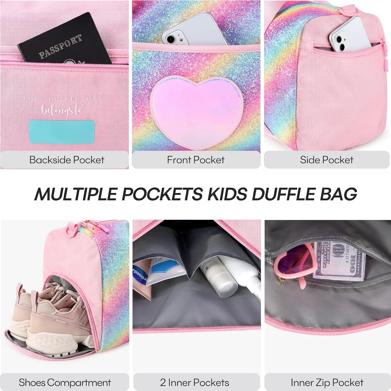 mibasies Dance Bag for Girls Duffle Bag Kids Overnight Travel Sleepover Bags Sport Gym Bag with Shoes Compartment, Pink Blue