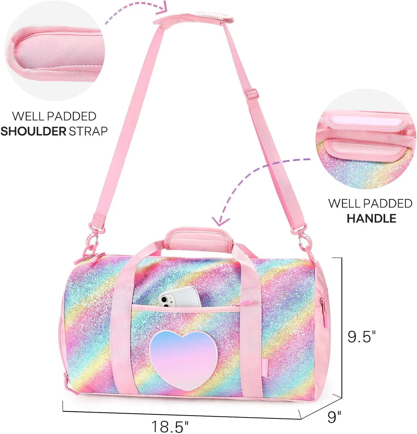 mibasies Dance Bag for Girls Duffle Bag Kids Overnight Travel Sleepover Bags Sport Gym Bag with Shoes Compartment, Pink Blue