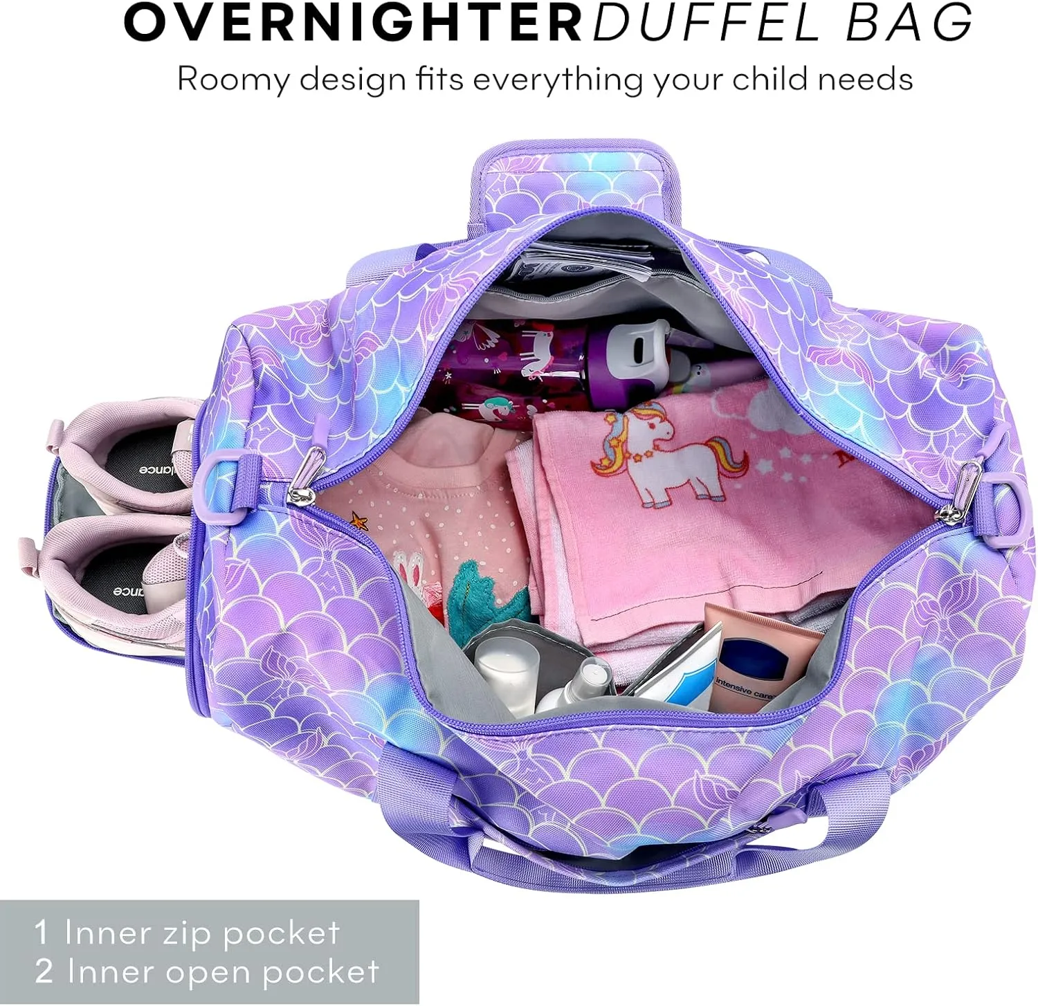 mibasies Dance Bag for Girls Duffle Bag Kids Overnight Travel Sleepover Bags Sport Gym Bag with Shoes Compartment, Pink Blue