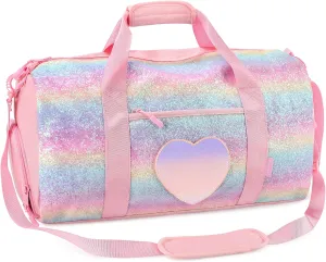 mibasies Dance Bag for Girls Duffle Bag Kids Overnight Travel Sleepover Bags Sport Gym Bag with Shoes Compartment, Rainbow