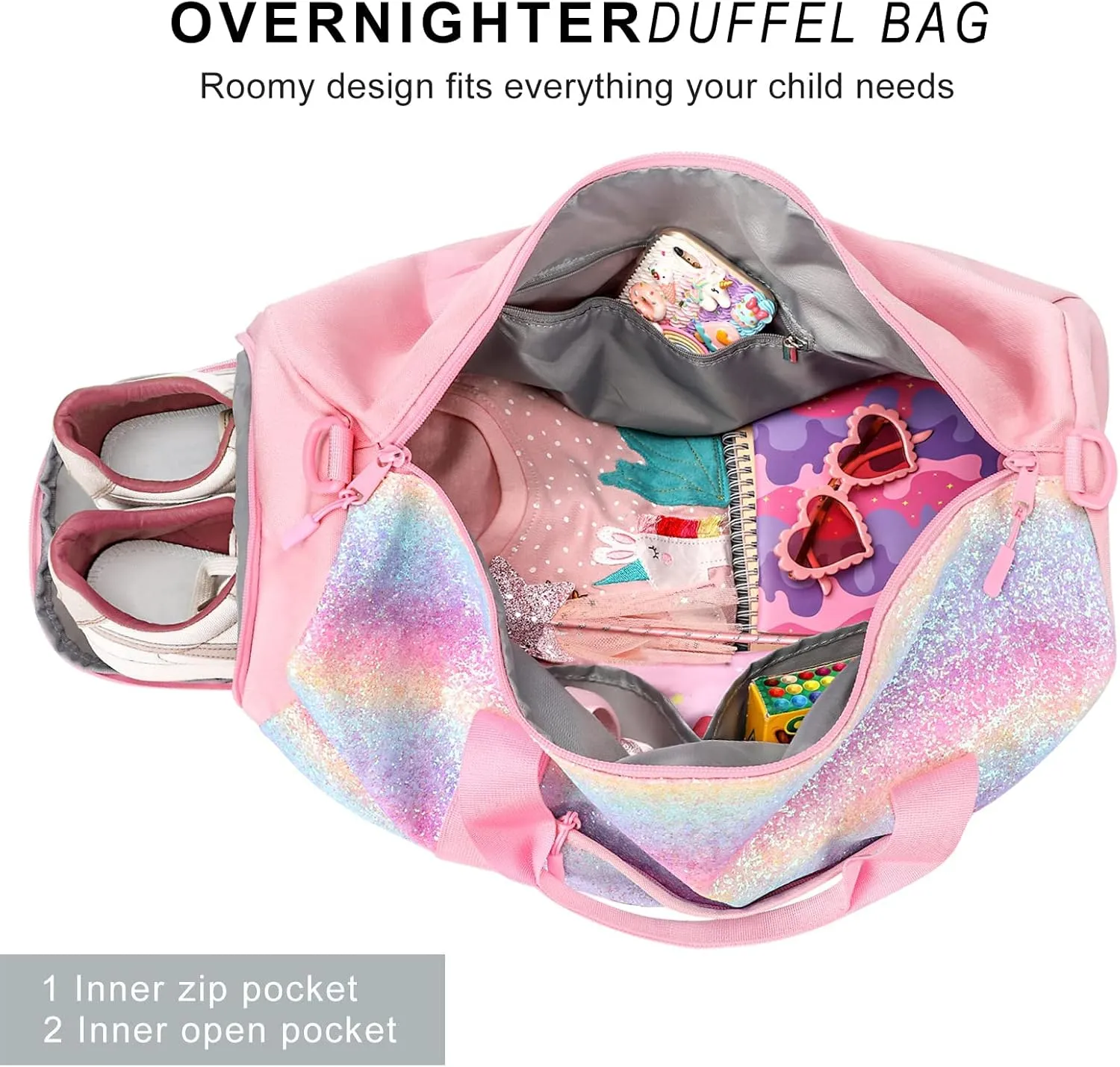 mibasies Dance Bag for Girls Duffle Bag Kids Overnight Travel Sleepover Bags Sport Gym Bag with Shoes Compartment, Rainbow
