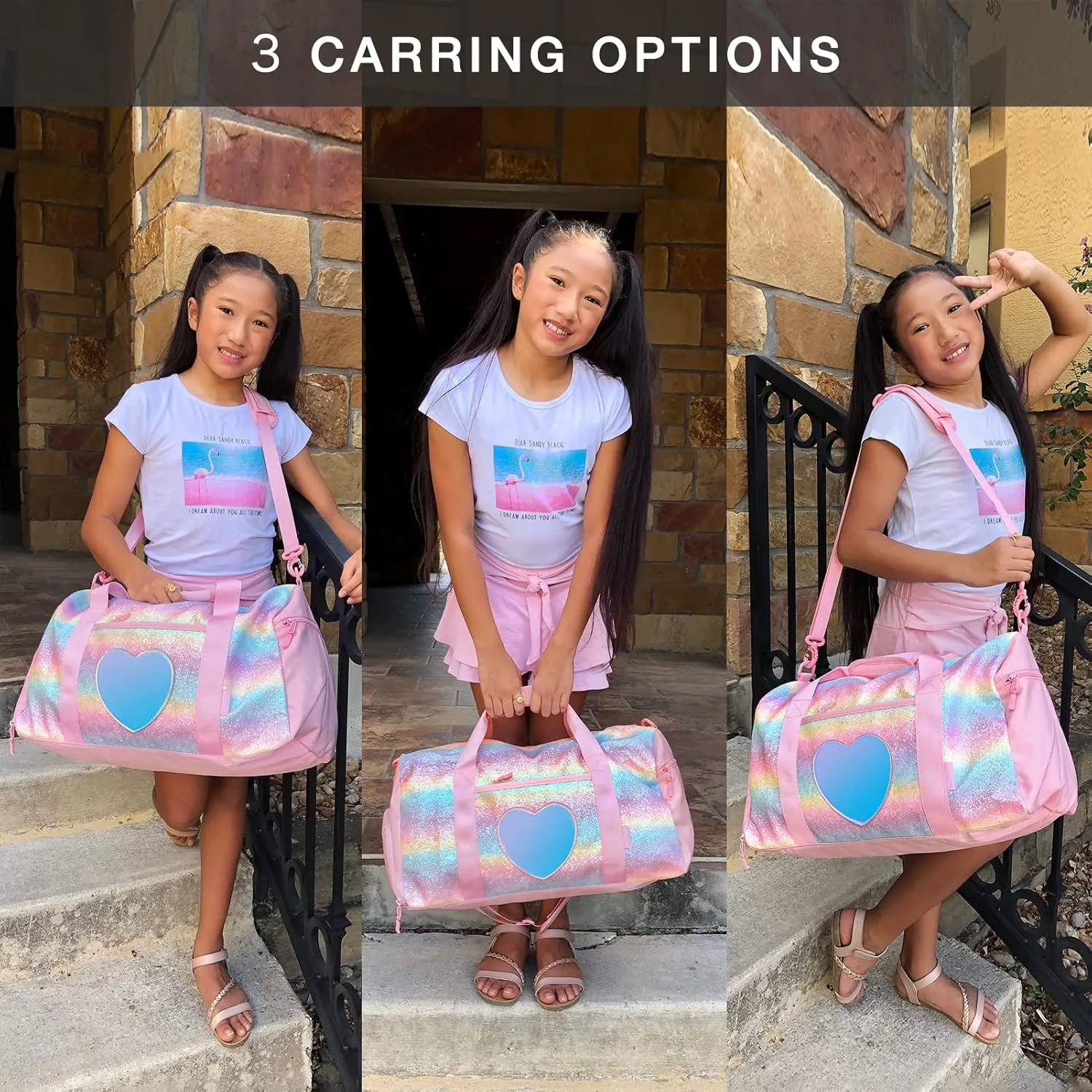 mibasies Dance Bag for Girls Duffle Bag Kids Overnight Travel Sleepover Bags Sport Gym Bag with Shoes Compartment, Rainbow