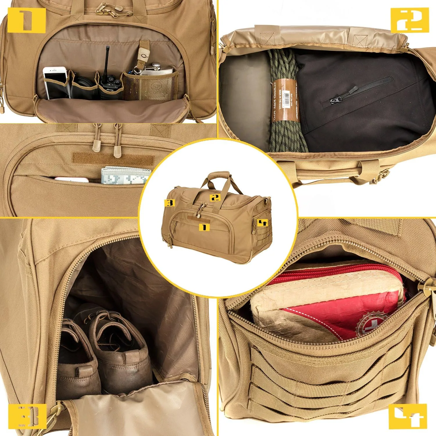 Military Tactical Outdoor Gym Bag Small Duffel Bag with Shoes Compartment for Sports Travel Camping Hunting, B-Tan, Gym Bags
