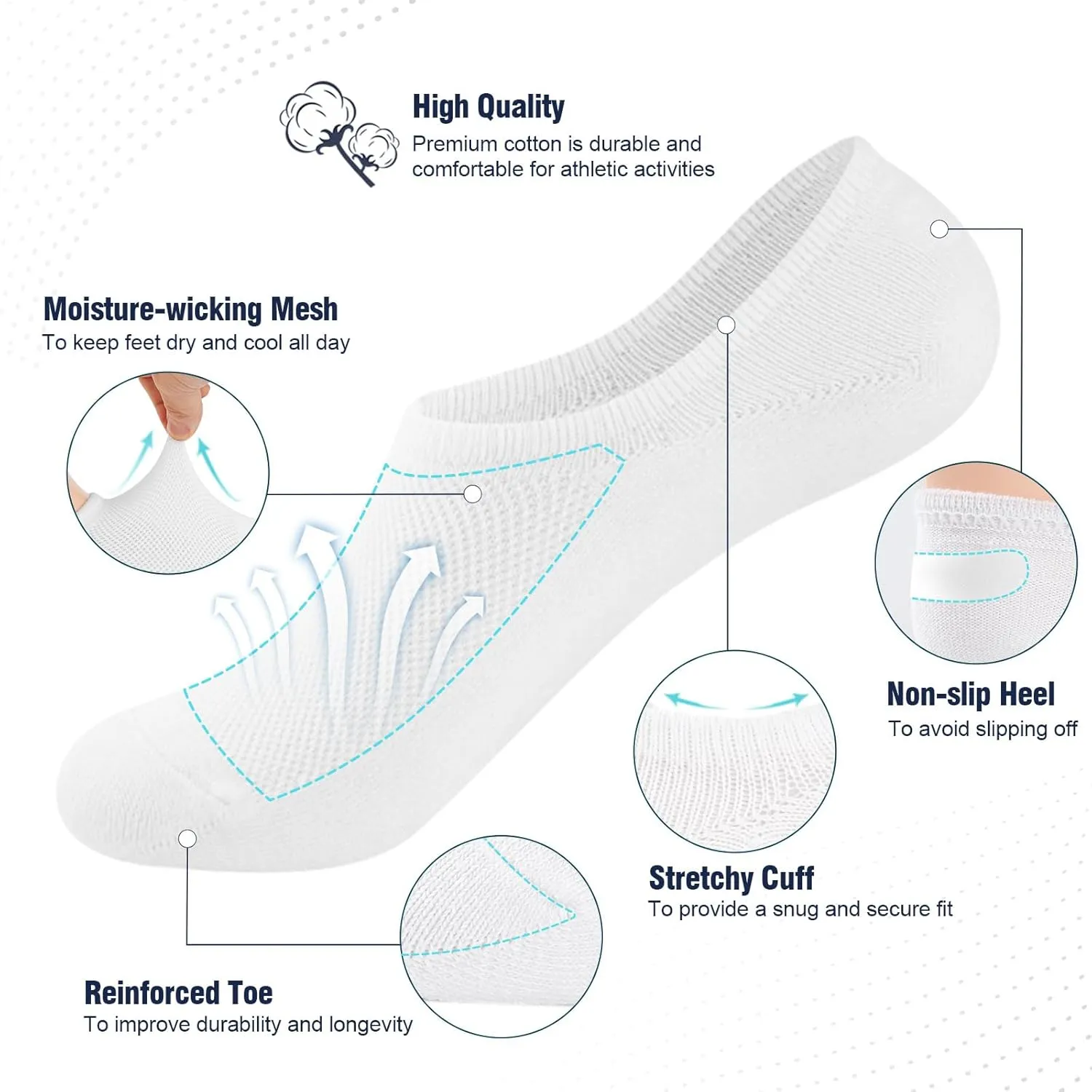 No Show Socks for Men, Low Cut Ankle Invisible Cotton Socks for Loafer, Non Slip Size 9-11/10-13
