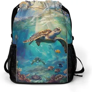Ocean Sea Turtle Coral Tropical Fish Seagulls Drawstring Backpack String Bag Sports Gym Sackpack with Side Pocket Shoes Compartment