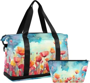 Orange Flowers Gym Bag for Men Women with Shoes Compartment & Wet Pocket Sport Travel Duffel Bag Waterproof Weekender Overnight Bag