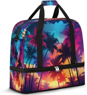Palm Tree Print Foldable Travel Duffel Bag Overnight Weekender Bag with Shoes Compartment Sports Gym Bag for Men Women
