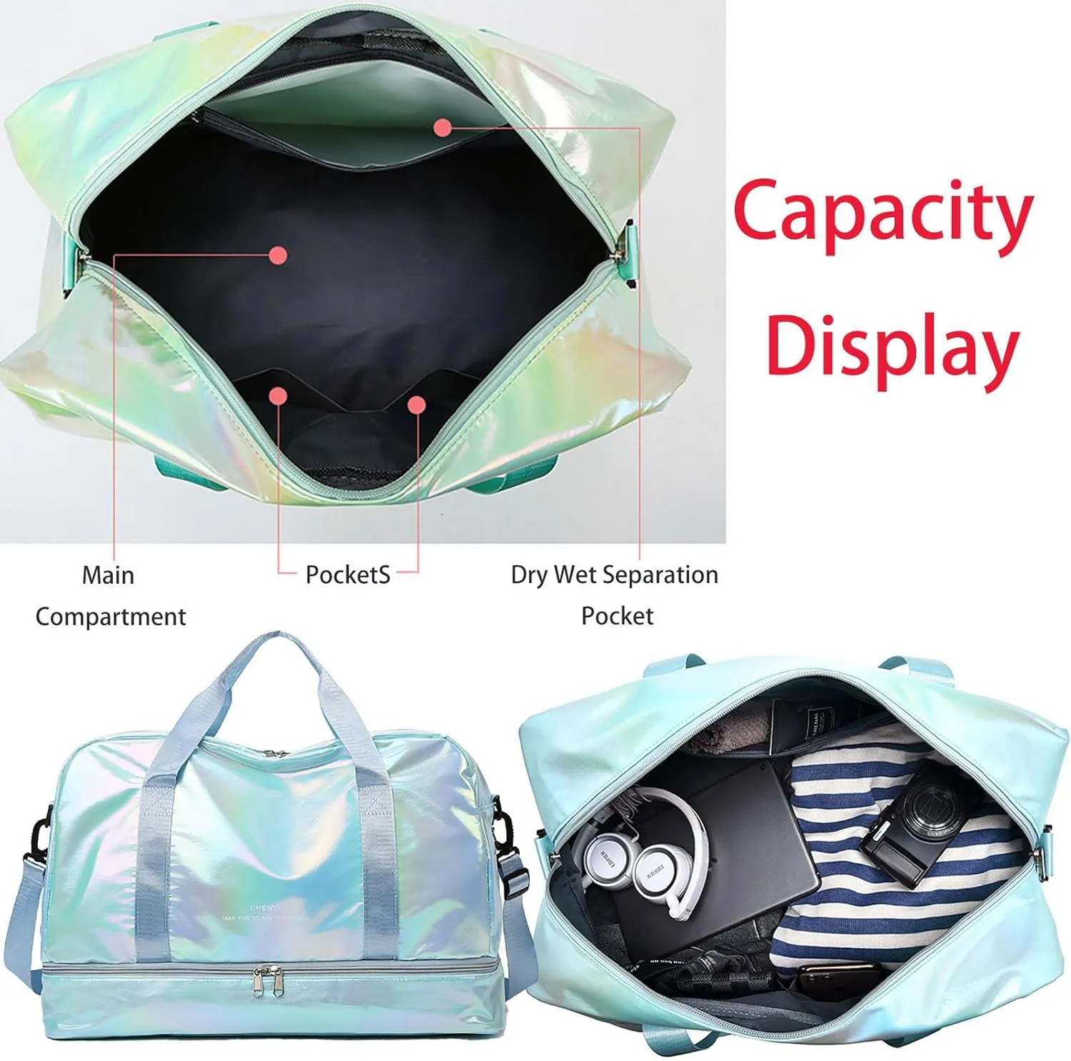 Pearl Fabric Sports Tote Gym Bag with Wet Pocket Shoes Compartment Shoulder Weekend Bag for Women (Pearl Blue)
