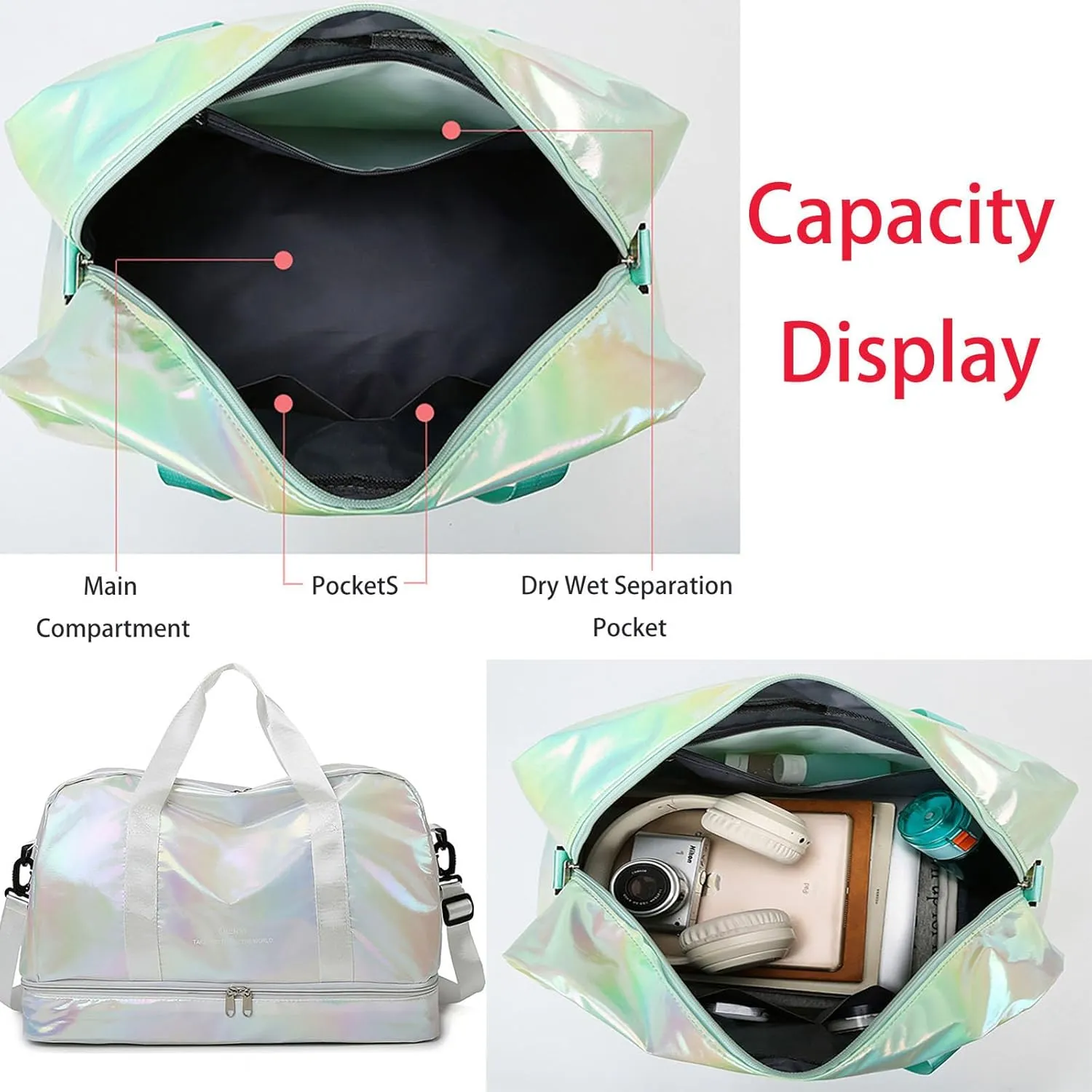 Pearl Fabric Sports Tote Gym Bag with Wet Pocket Shoes Compartment Shoulder Weekend Bag for Women (Pearl White)