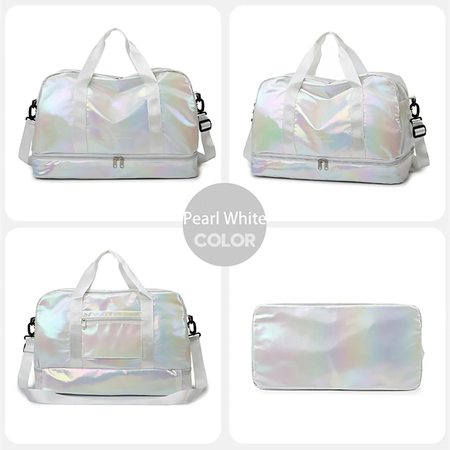 Pearl Fabric Sports Tote Gym Bag with Wet Pocket Shoes Compartment Shoulder Weekend Bag for Women (Pearl White)