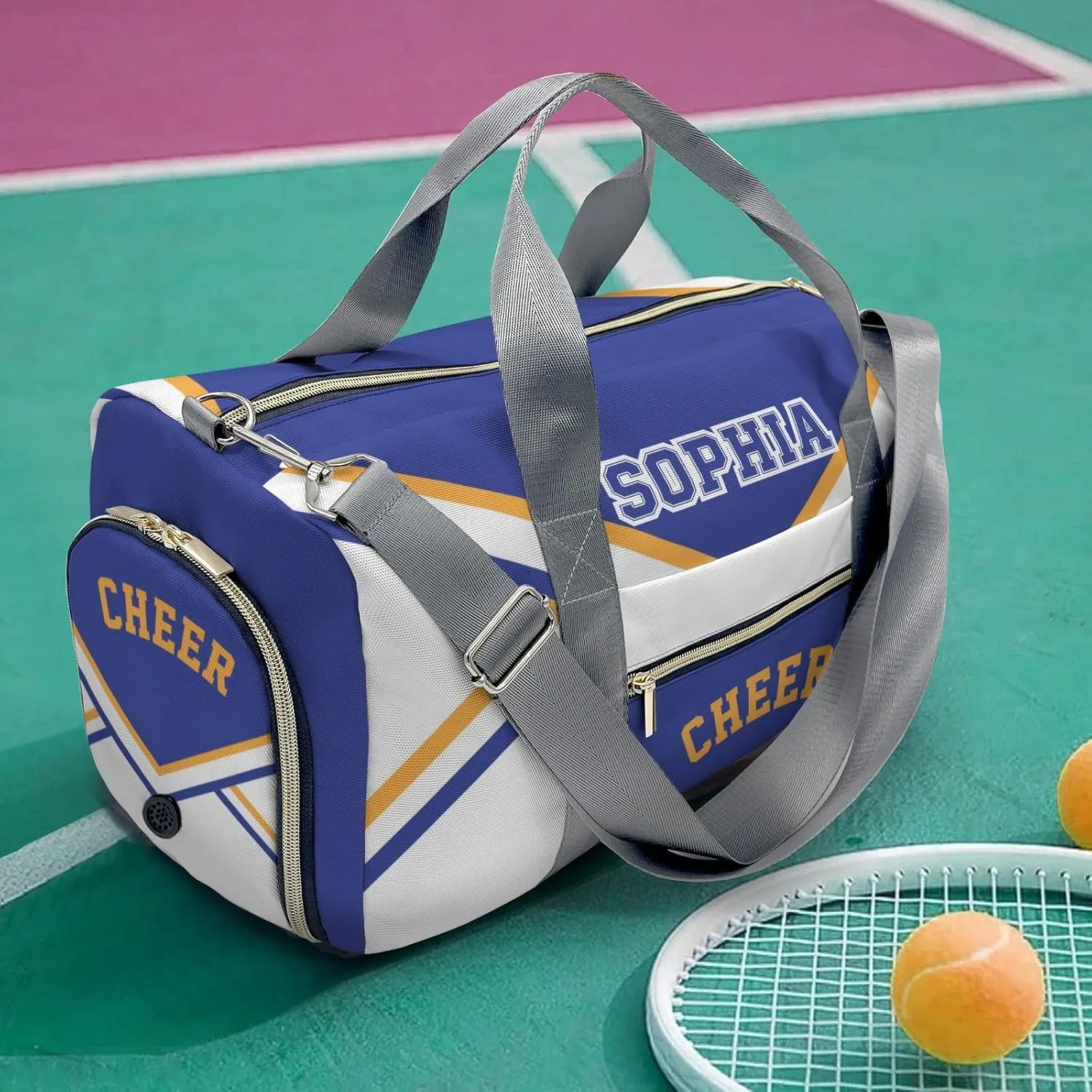 Personalized Cheer Blue Yellow Cheerleader Duffel Bag Travel Bag with Shoes Compartment Gym Yoga Sport Men Women Waterproof with Name