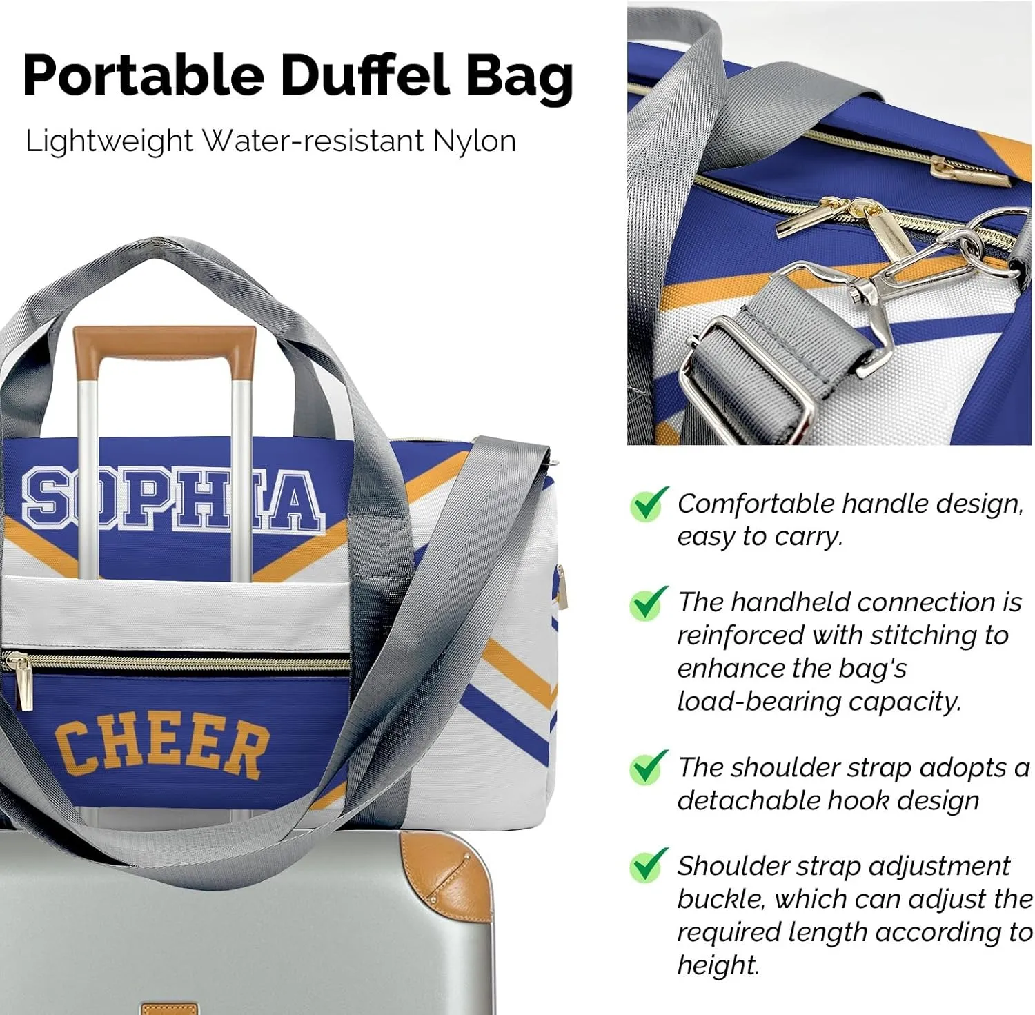 Personalized Cheer Blue Yellow Cheerleader Duffel Bag Travel Bag with Shoes Compartment Gym Yoga Sport Men Women Waterproof with Name