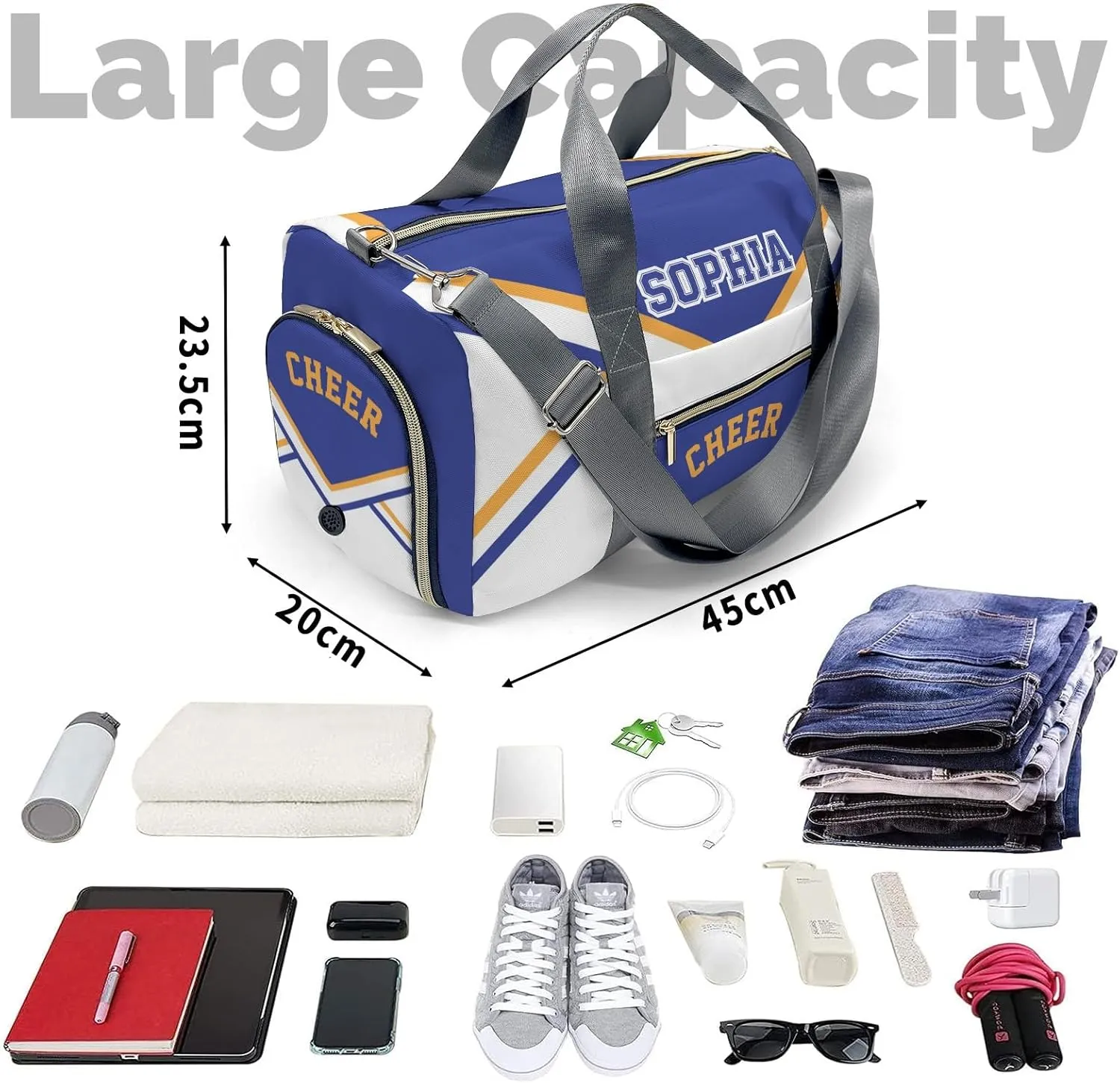 Personalized Cheer Blue Yellow Cheerleader Duffel Bag Travel Bag with Shoes Compartment Gym Yoga Sport Men Women Waterproof with Name