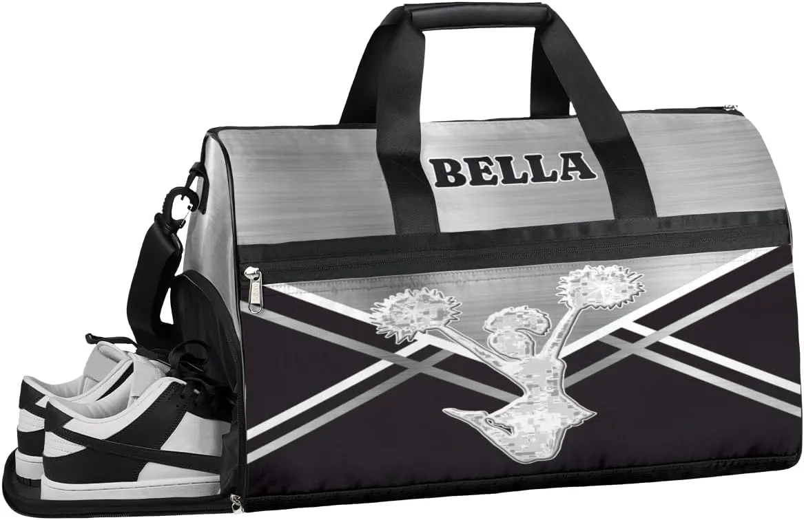 Personalized Cheerleader Bag Dance Bag for Girl Woman, Custom Gym Bag Sport Duffel Bag with Shoes Compartment Glittery Silver Cheer