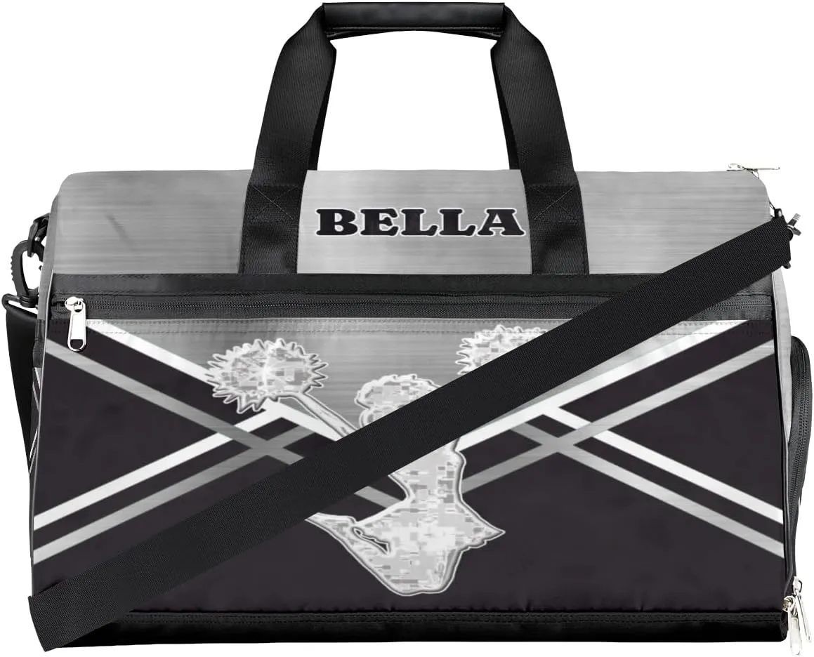 Personalized Cheerleader Bag Dance Bag for Girl Woman, Custom Gym Bag Sport Duffel Bag with Shoes Compartment Glittery Silver Cheer