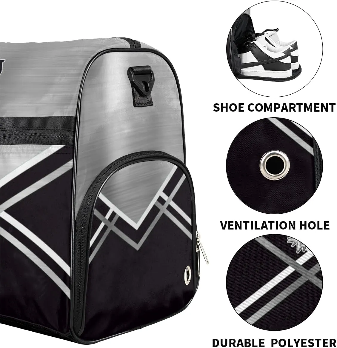 Personalized Cheerleader Bag Dance Bag for Girl Woman, Custom Gym Bag Sport Duffel Bag with Shoes Compartment Glittery Silver Cheer