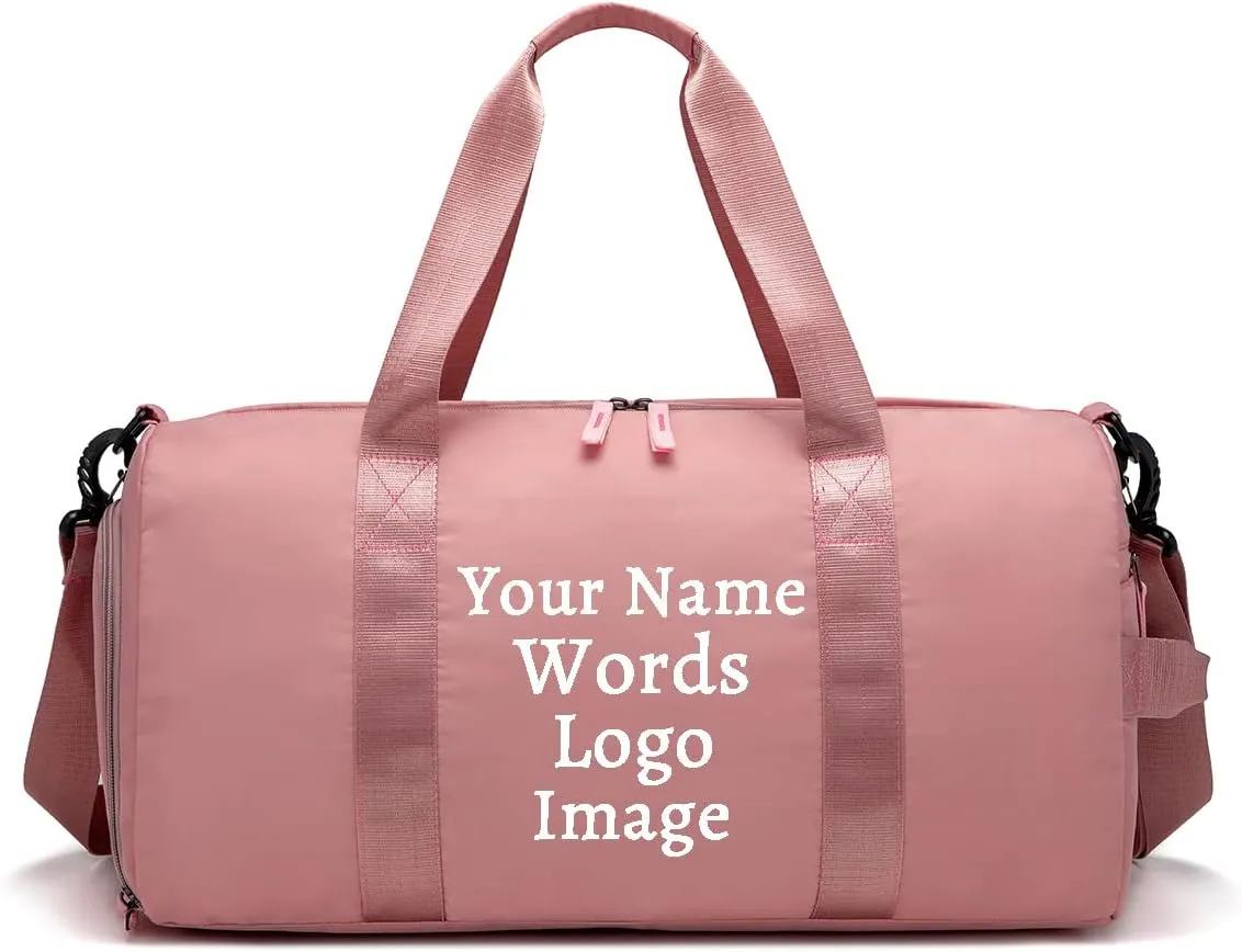 Personalized Duffel Bag with Name Logo Image Custom Travel Sports Gym Yoga Beach Bag with Dry Wet Pocket Shoes Compartment for Women (pink)