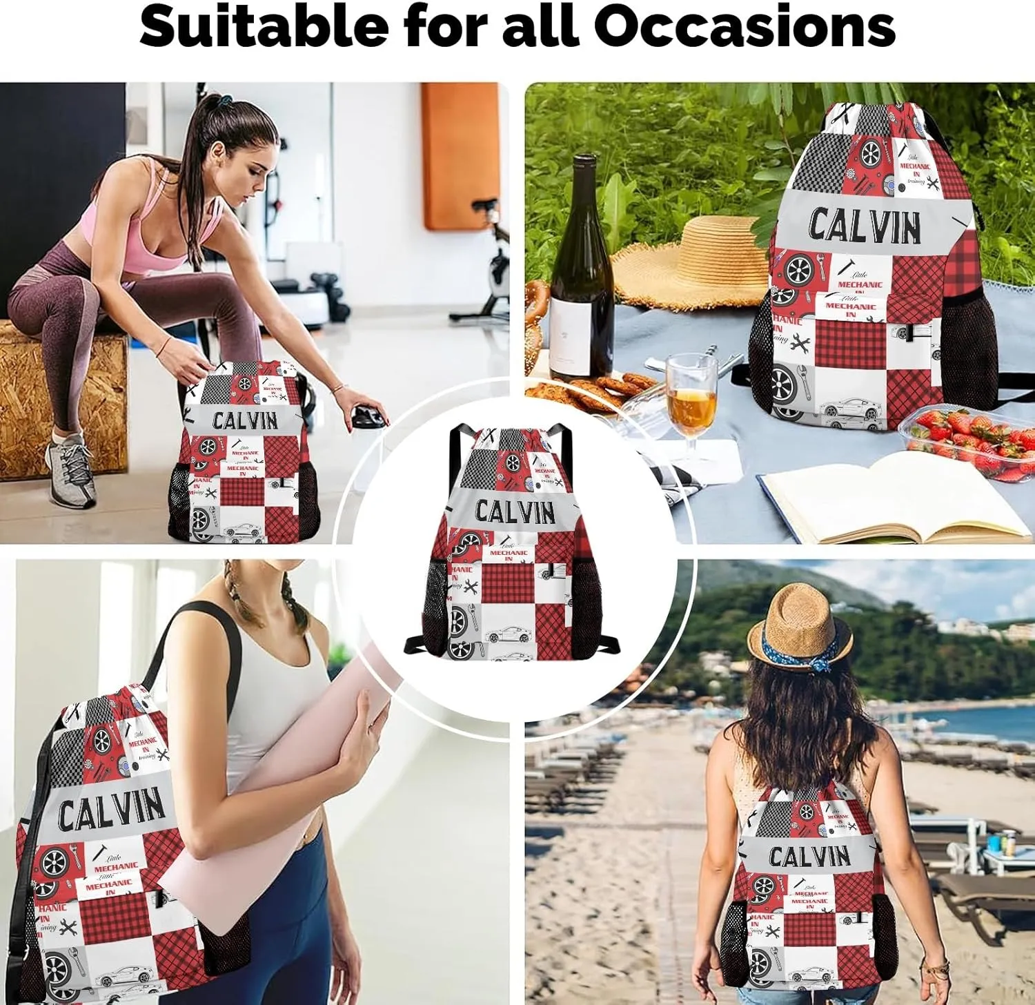 Personalized Little Car Mechanic Drawstring Backpack Sports Gym Bag with Shoes Compartment, Water-Resistant String Backpack Cinch for Women Men